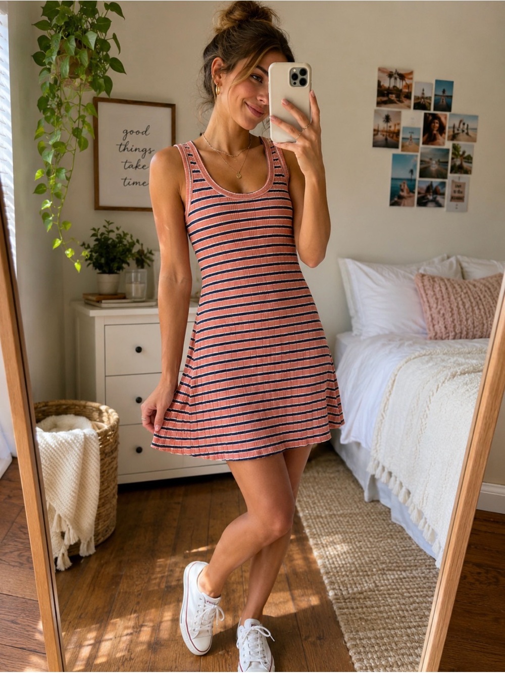 American Eagle Ribbed Stripe Knit Tank Dress XS Cotton Pink Blue Casual